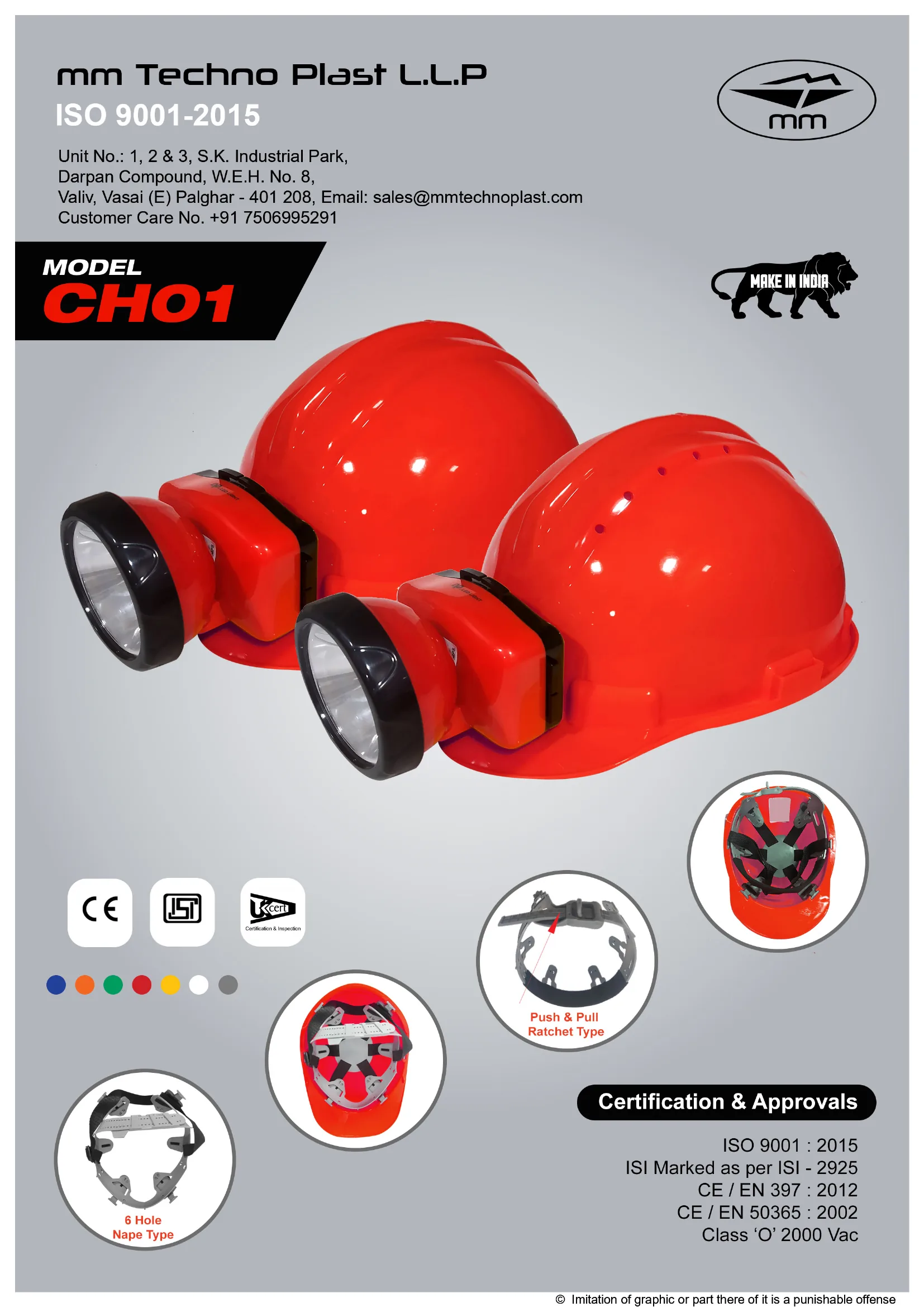 MM brochure for the MM Safety Helmet Without Ventilation CH01, page 1 of 2