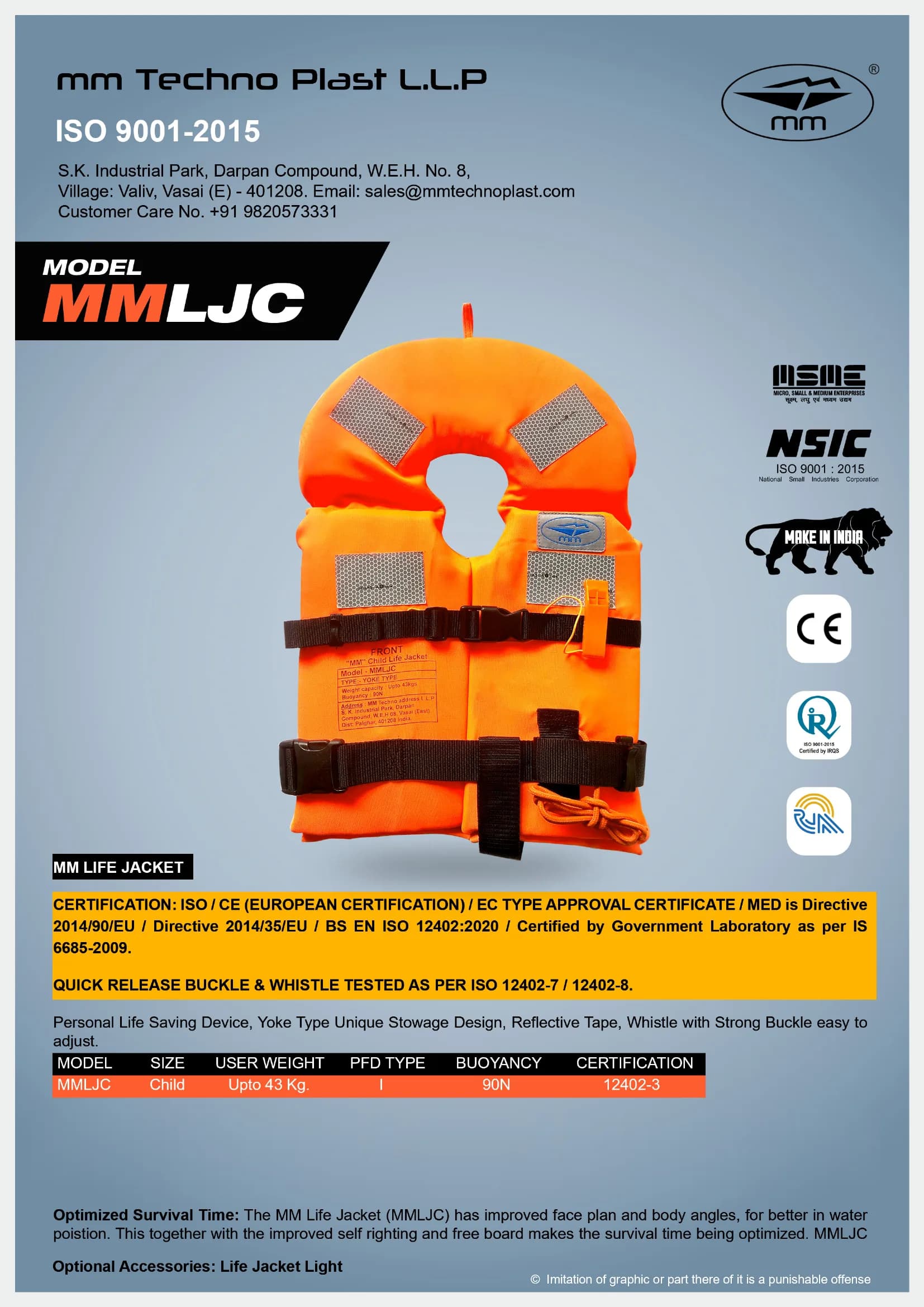 MM brochure for the MM Life Jacket Model: MMLJC