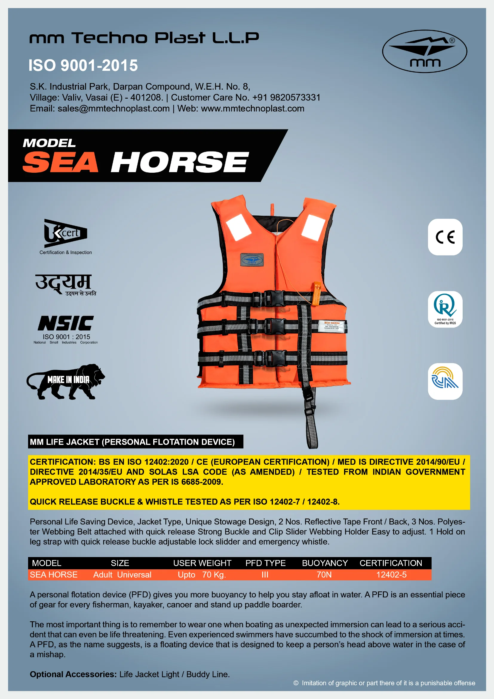 MM brochure for the MM Life Jacket Model: Sea Horse