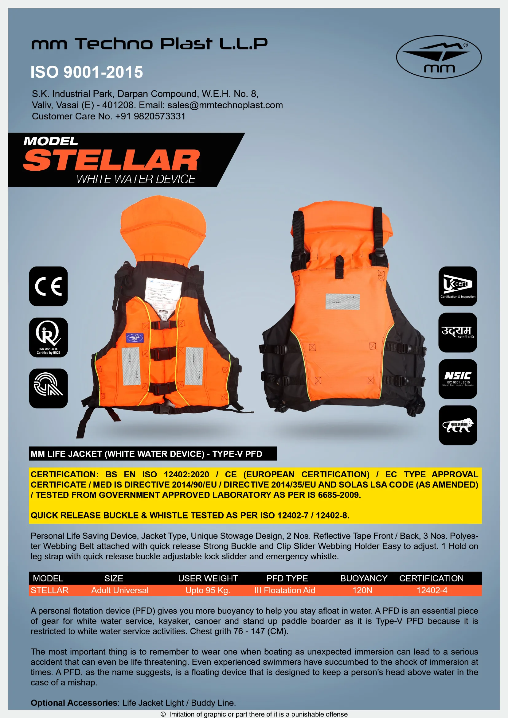 MM brochure for the MM Life Jacket Model: Stellar