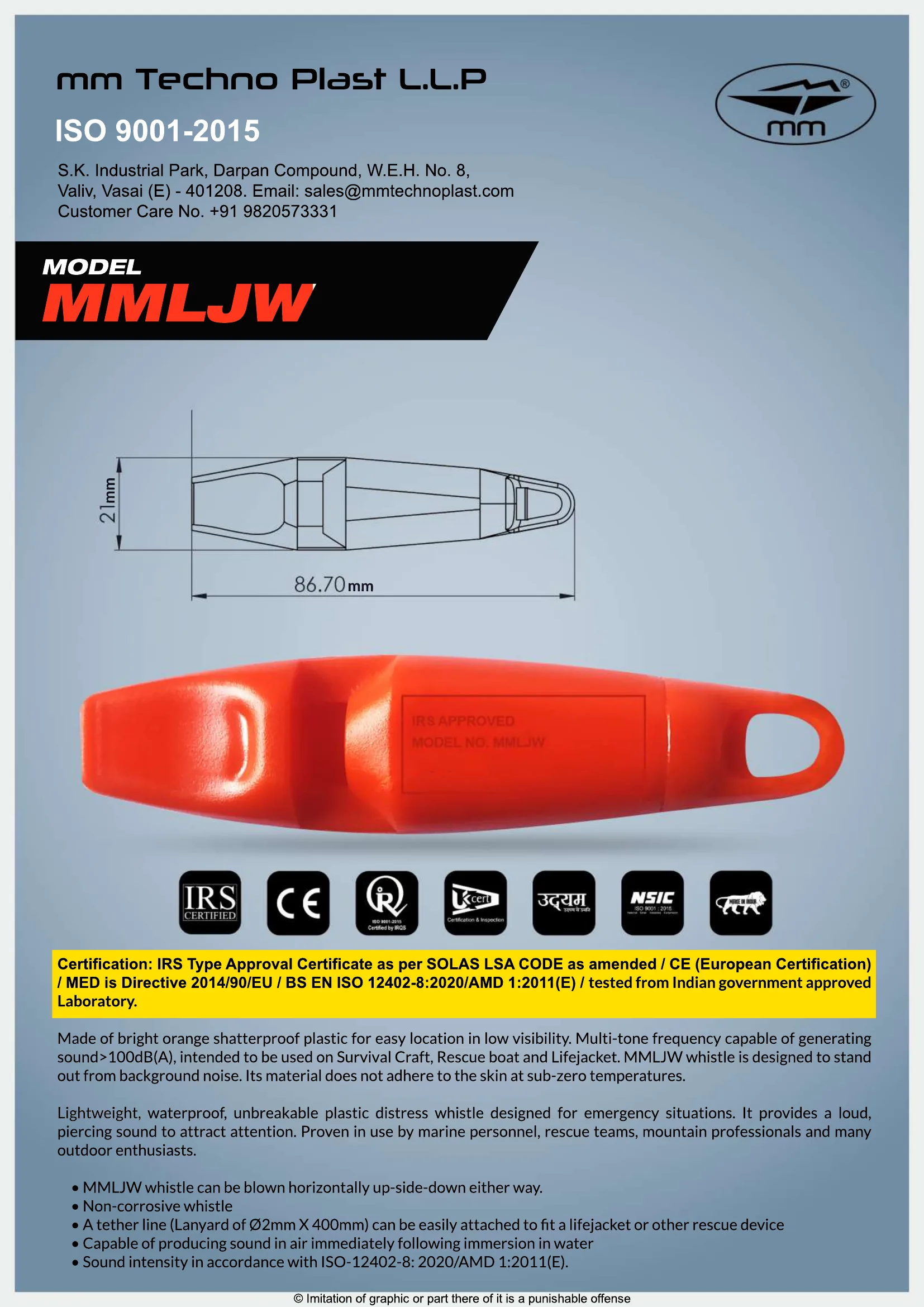 MM brochure for the Life Jacket Whistle – MMLJW