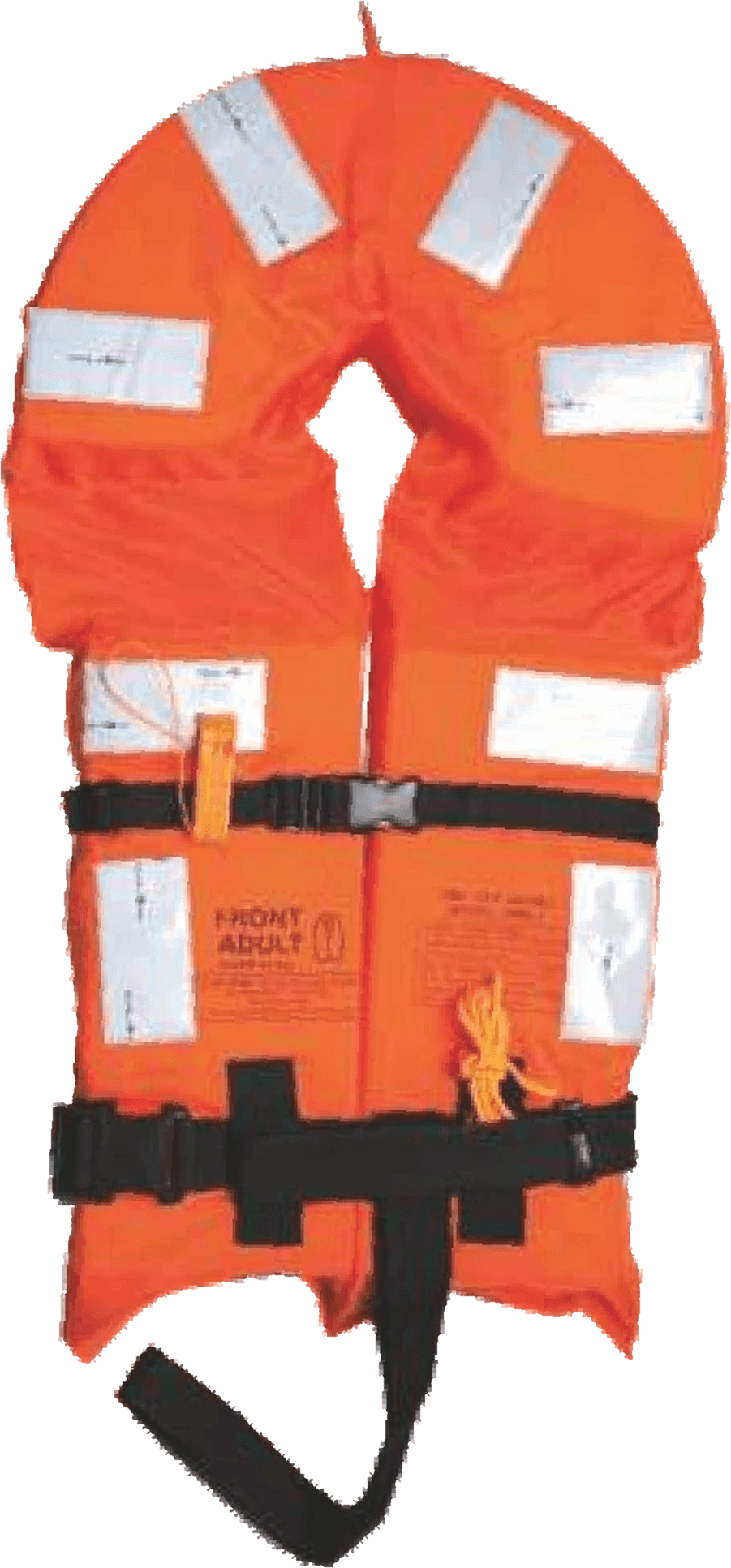 The MM MMLJ yoke-type life jacket in orange, front view, with eight reflective patches