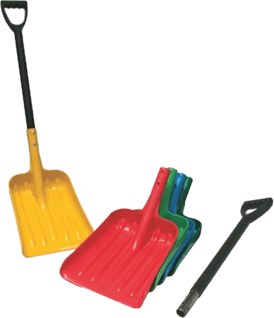 MM Stallion non-spark plastic shovels: a yellow shovel, red, green and blue blades, and a spare handle