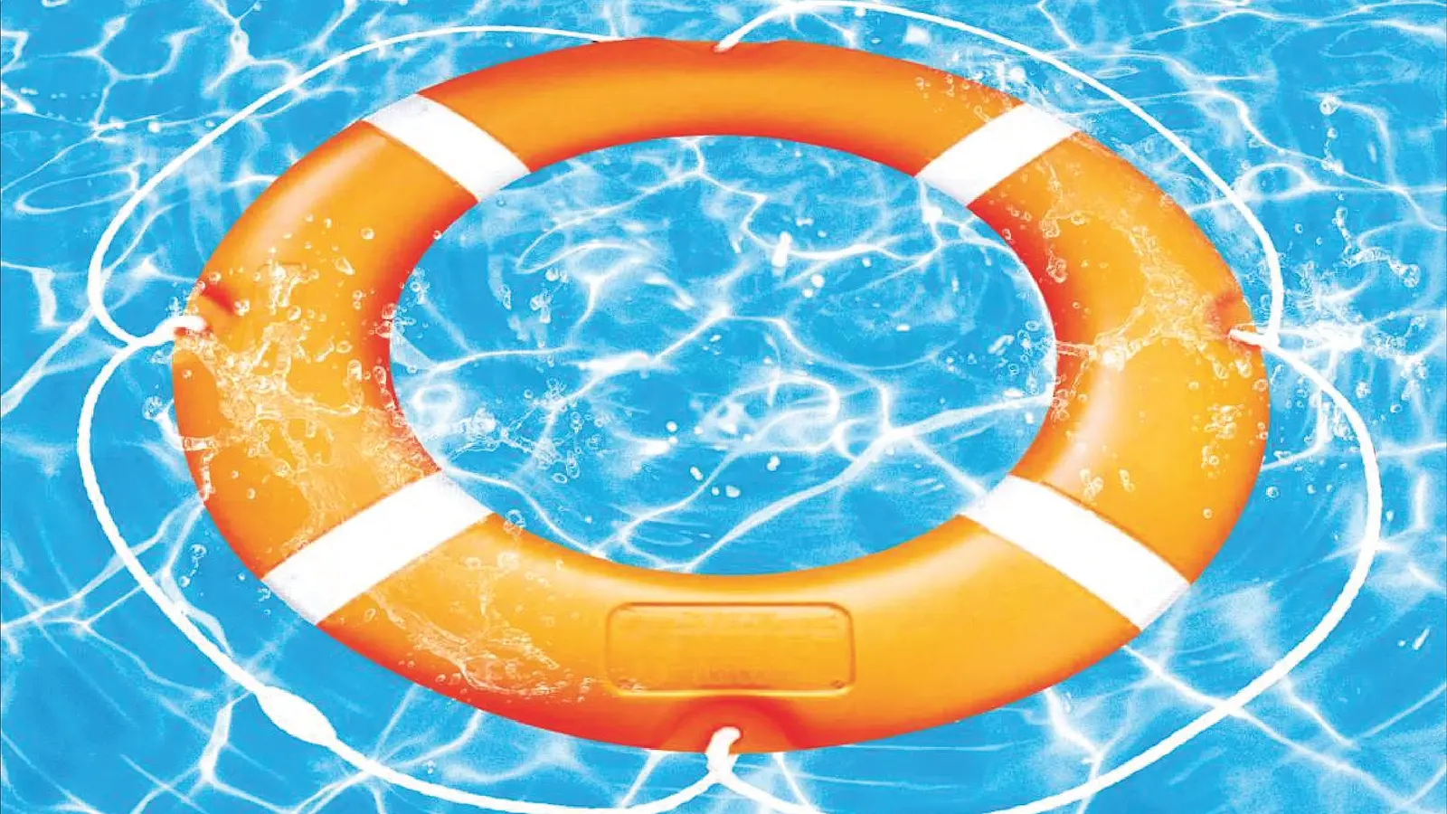 An orange MM MMLB lifebuoy ring with white reflective tape bands and a grab line