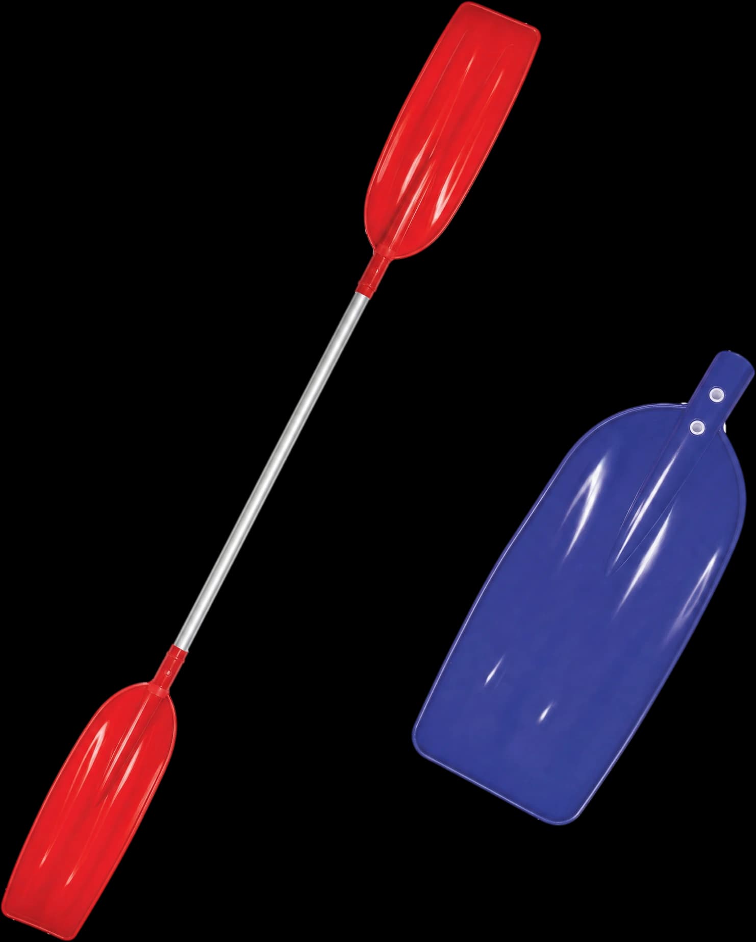 MM MMPO-02 plastic blade oars: a red double-bladed oar and a blue blade