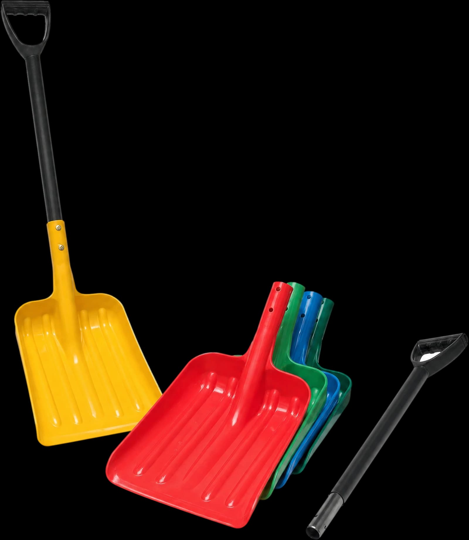 MM Stallion non-spark plastic shovels: a yellow shovel on its handle, red, green and blue blades and a spare handle