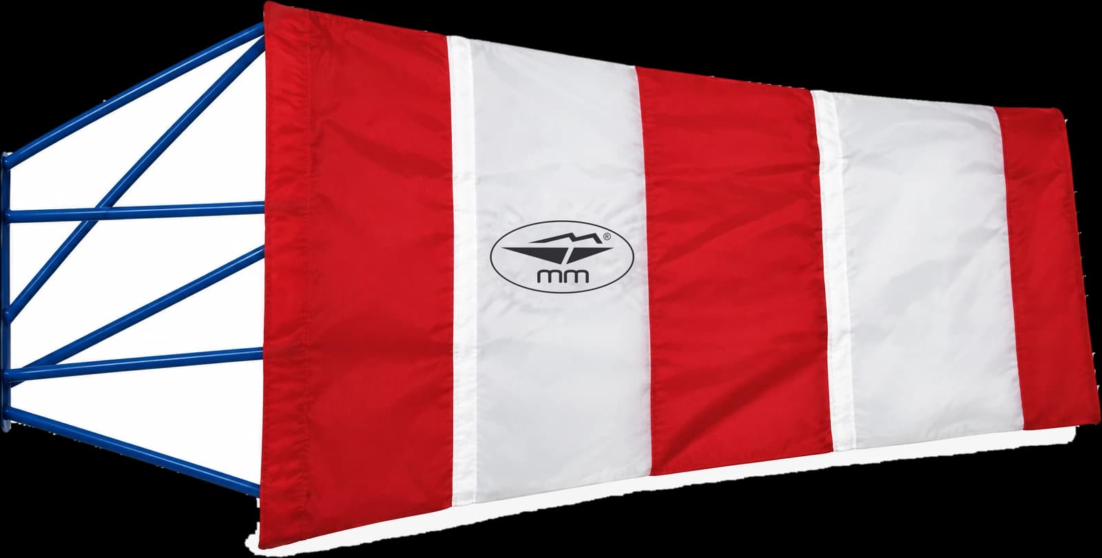 MM wind sock in red and white nylon with the MM mark, on its steel frame