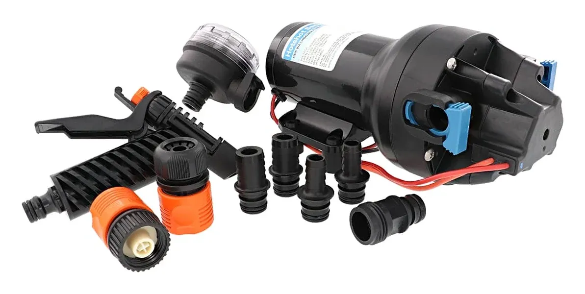Jabsco HotShot HD5 washdown pump with its strainer, trigger nozzle and fittings (maker's photograph).
