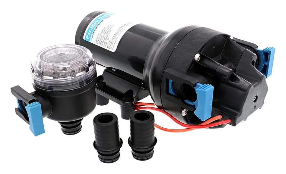 Jabsco Par-Max HD6 water pressure pump with its strainer and hose barbs (maker's photograph).
