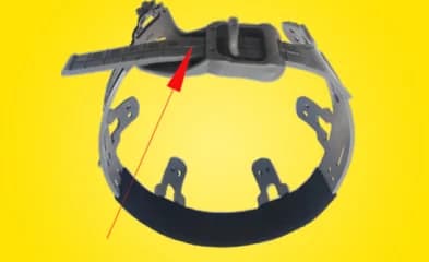 Push-and-pull ratchet type harness of an MM safety helmet, seen from inside the shell