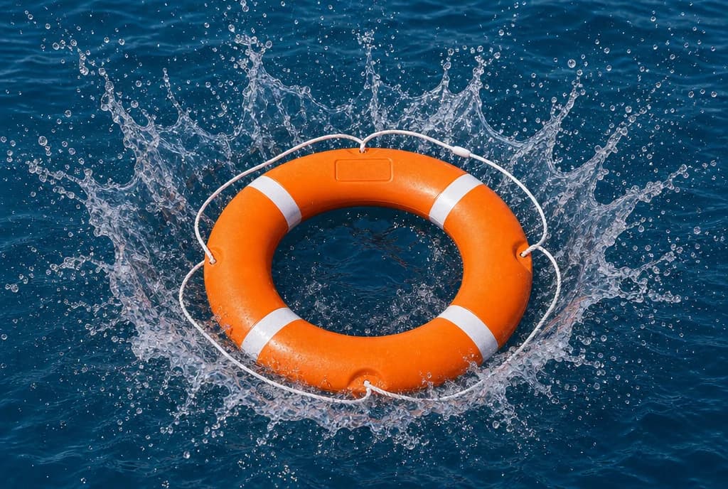 An MM lifebuoy striking the water with a splash