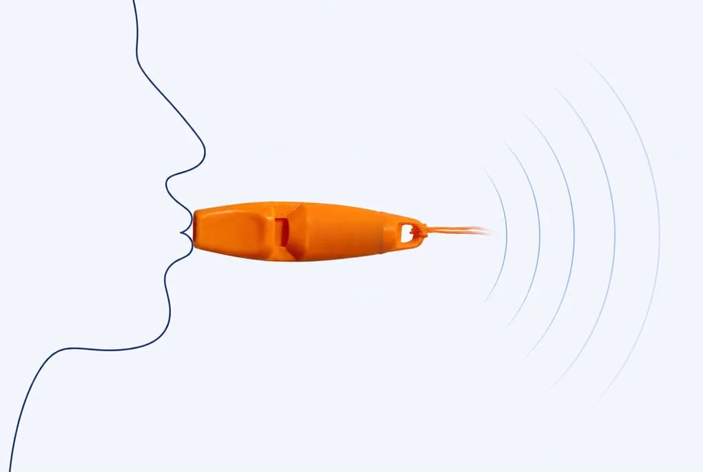An MM life jacket whistle being blown, with sound waves spreading from it