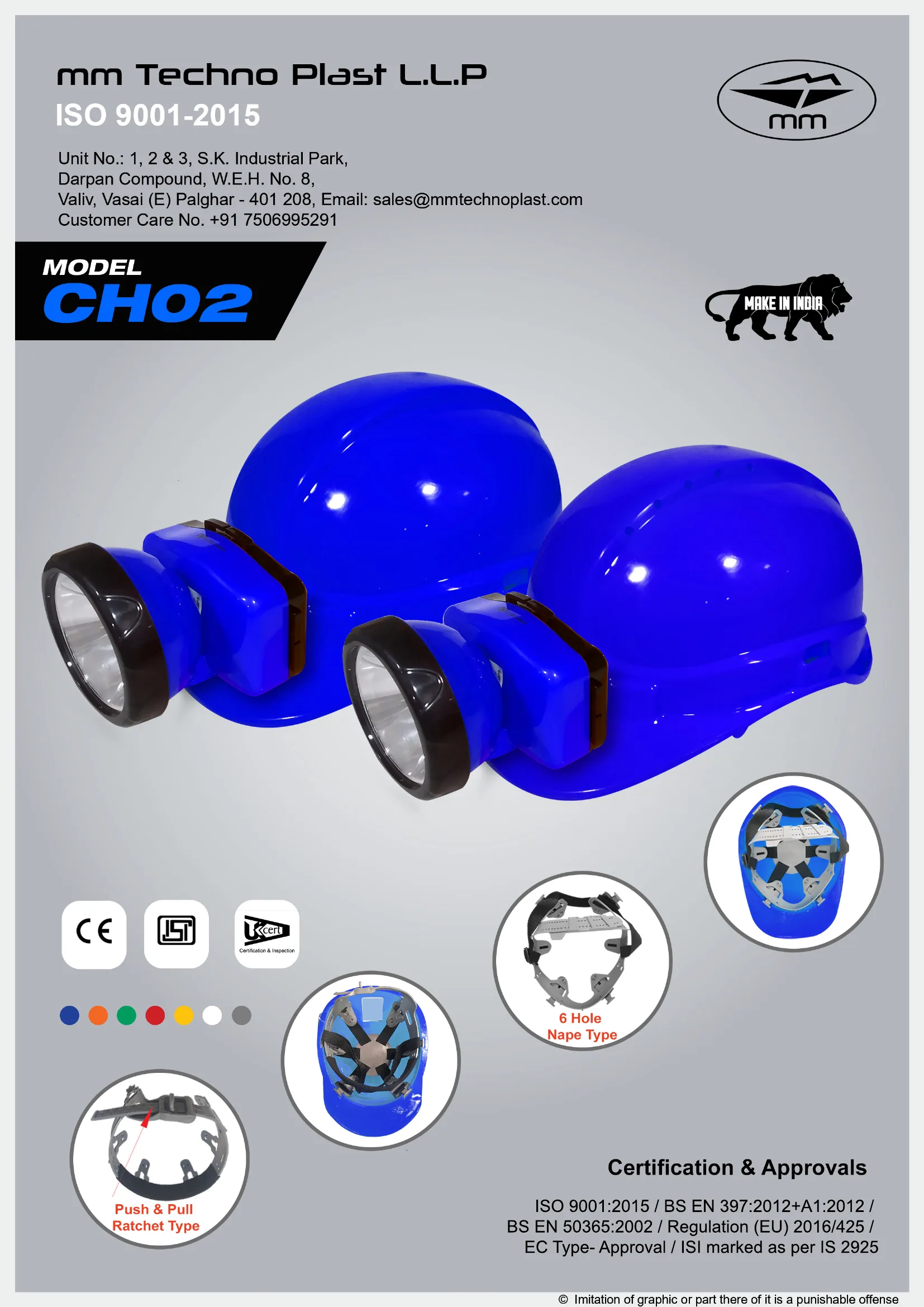 MM brochure for the MM Safety Helmet Without Ventilation CH02, page 1 of 2