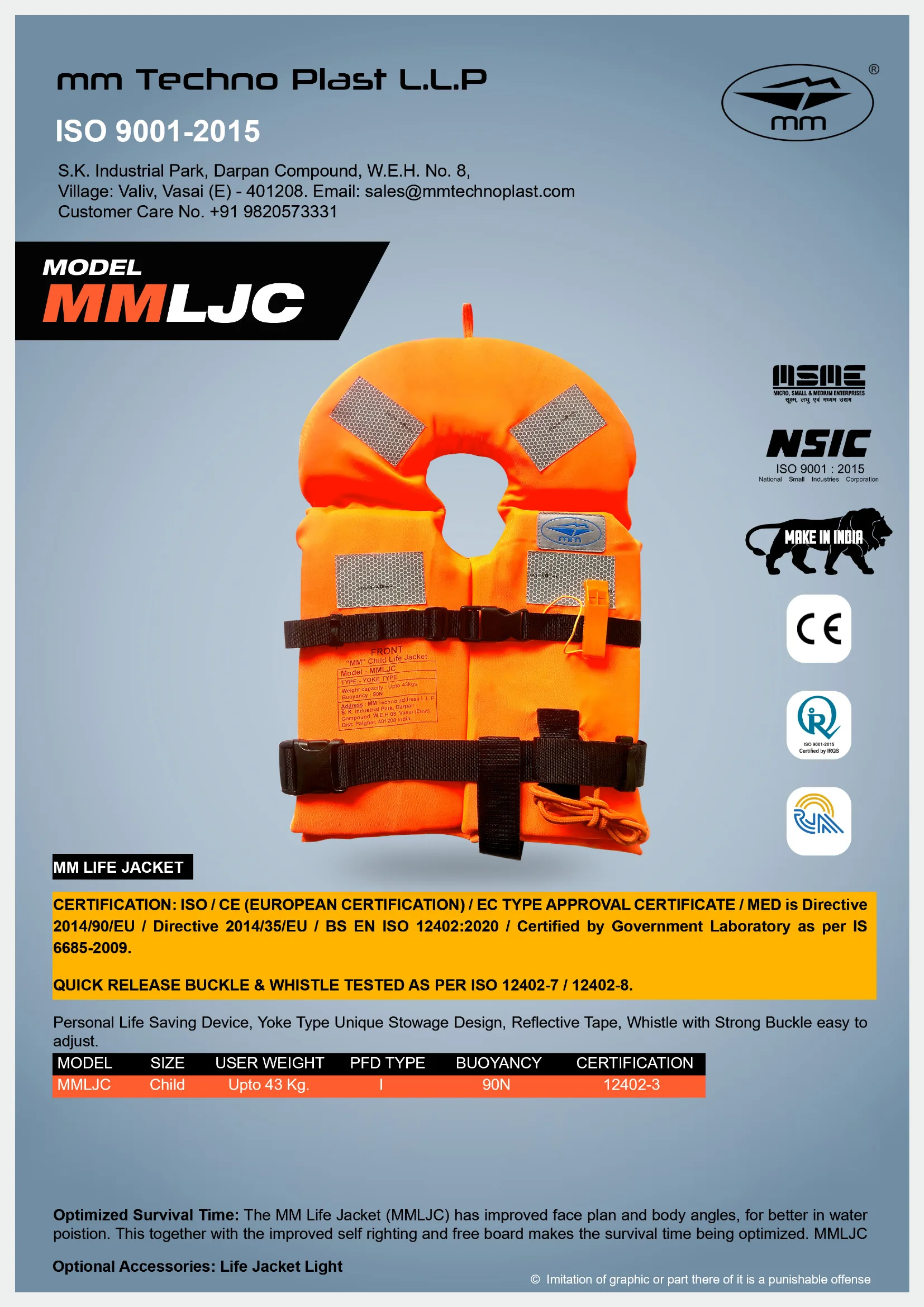 MM brochure for the MM Life Jacket Model: MMLJC