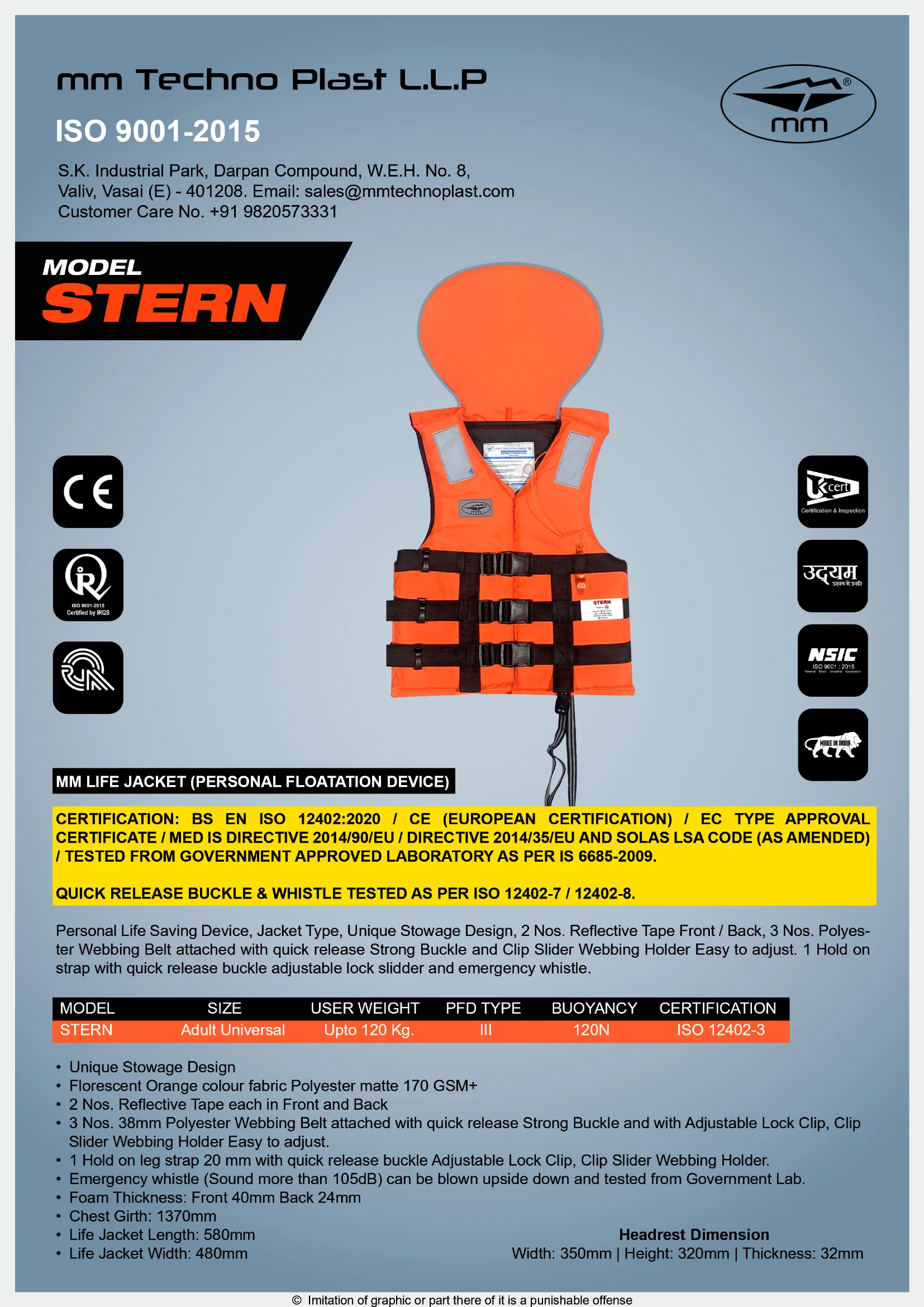 MM brochure for the MM Life Jacket Model: STERN with Headrest