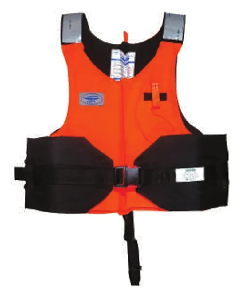 MM Life Jacket Sailor: orange, with a black waistband, buckle and crotch strap