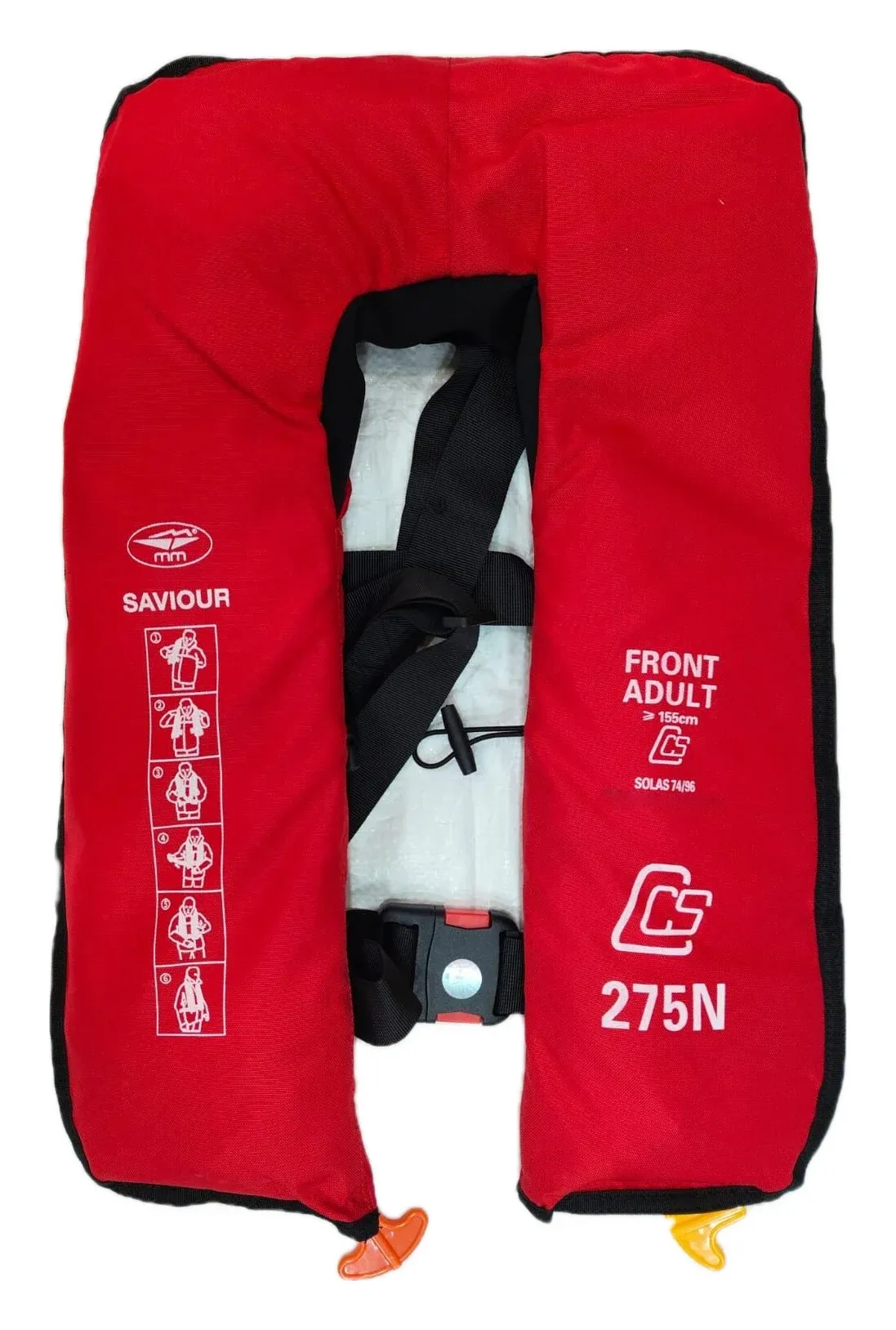 MM Saviour inflatable life jacket, front, printed SAVIOUR, FRONT ADULT and 275N
