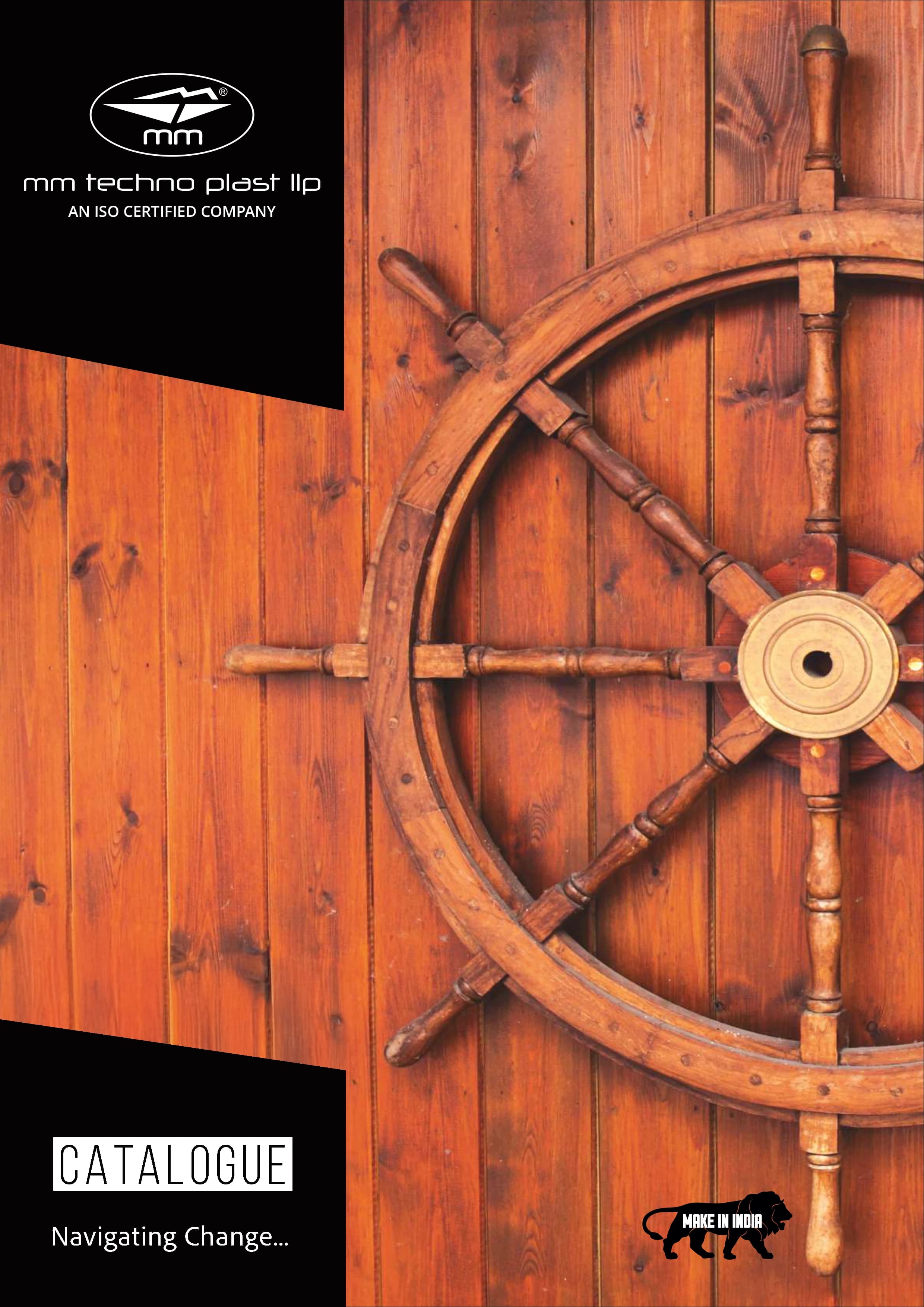 Cover of the MM Techno Plast 2026 catalogue, showing an antique ship's wheel on weathered timber.