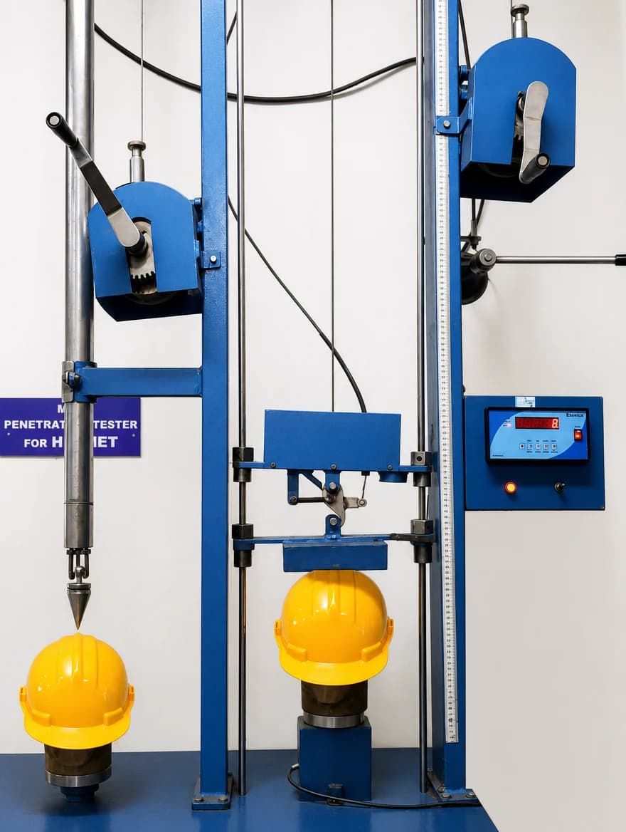 A yellow MM safety helmet on the anvil of a drop-test rig