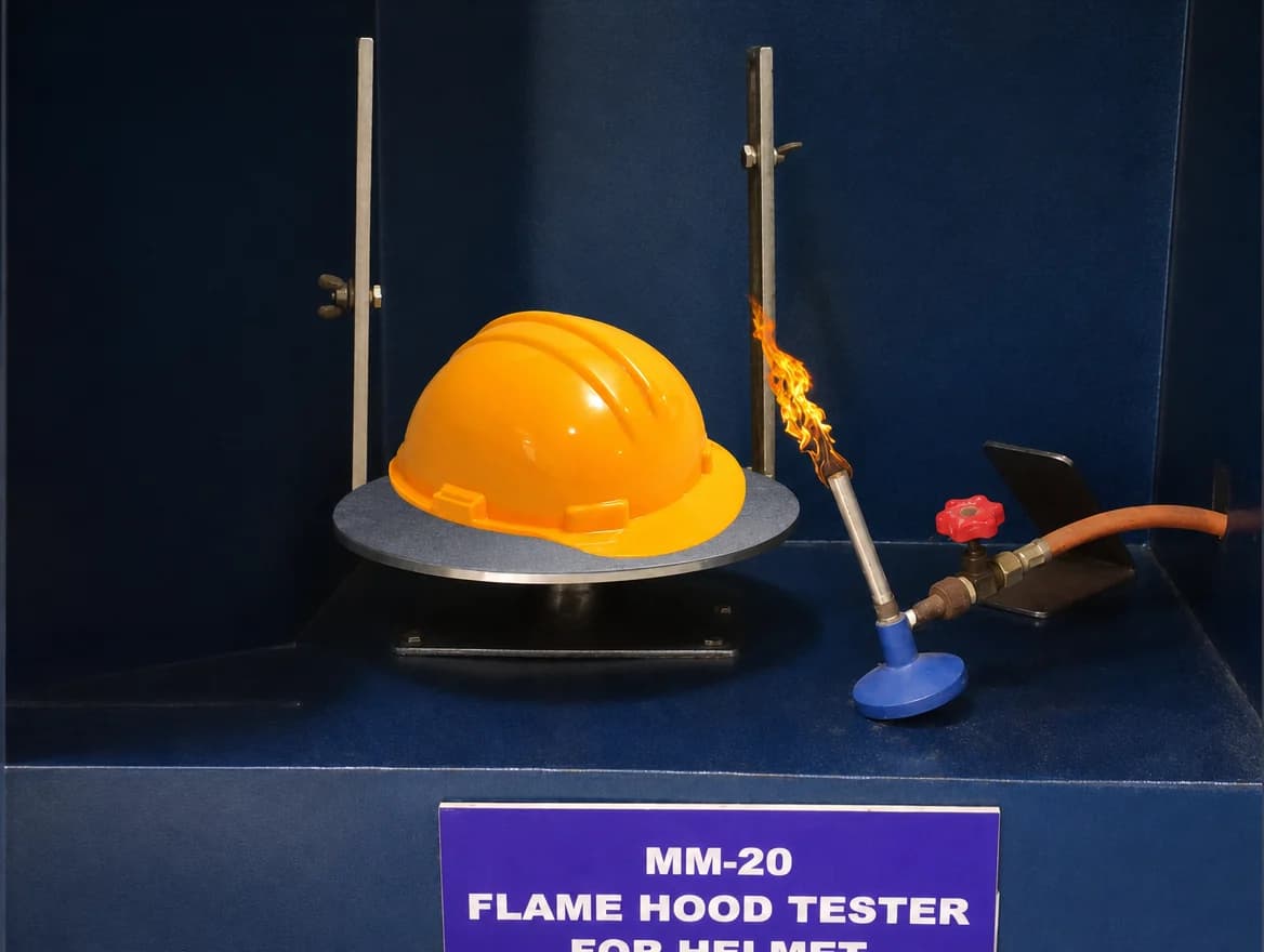 A yellow MM safety helmet on a stand beside a burner in the flame hood tester