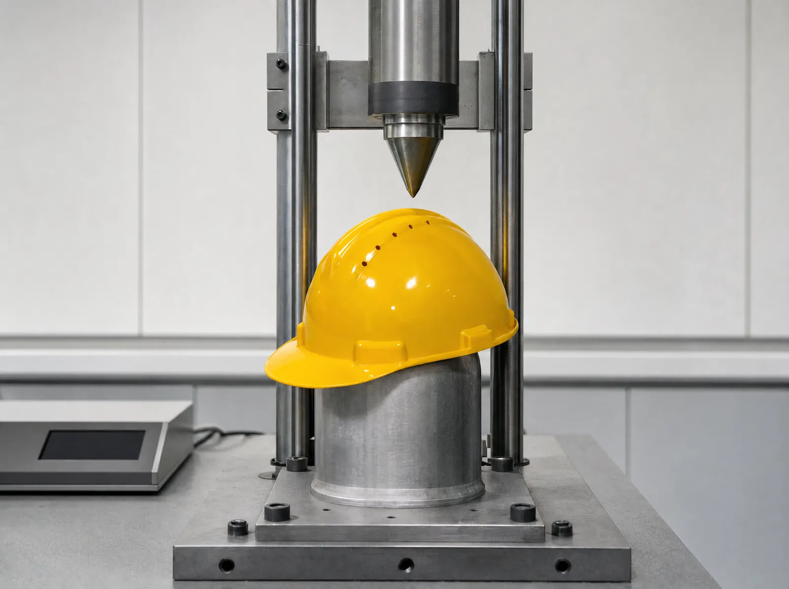 Illustration of an MM vented safety helmet on a headform under the conical striker of a drop tower