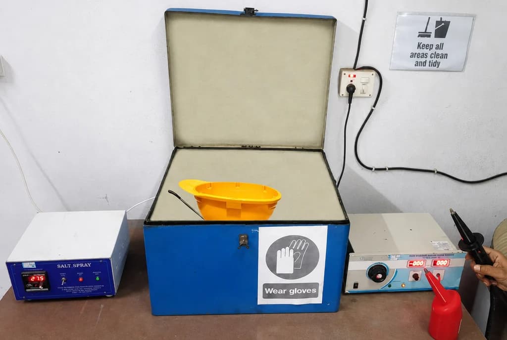 A yellow MM safety helmet inside an open salt spray test cabinet