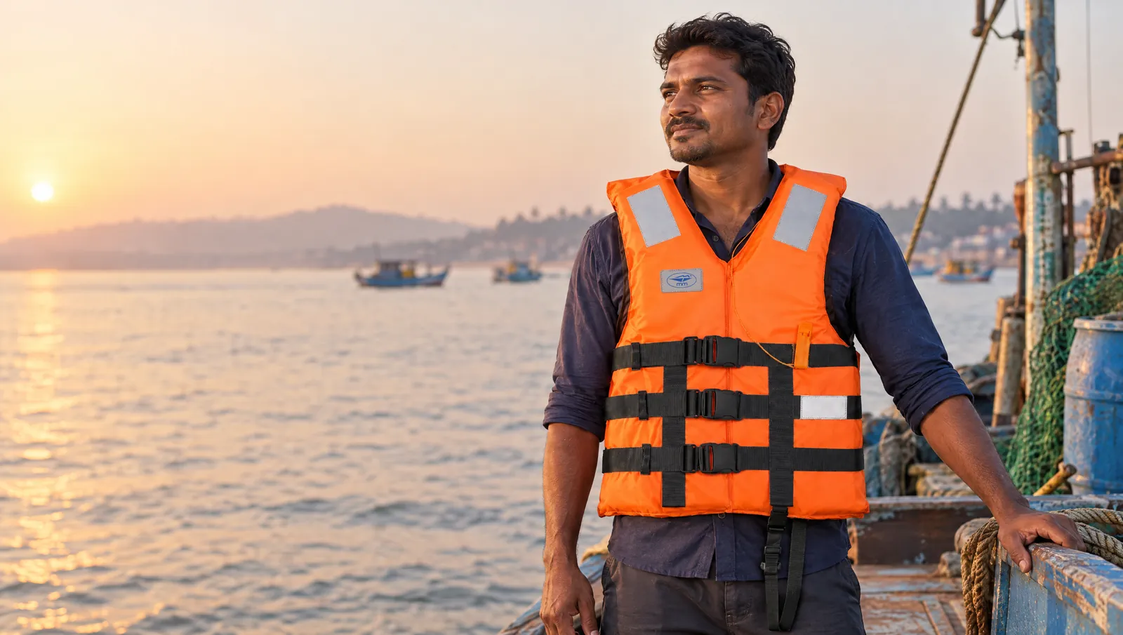 A fisherman on a boat deck at sunrise, wearing an MM Sea Master life jacket