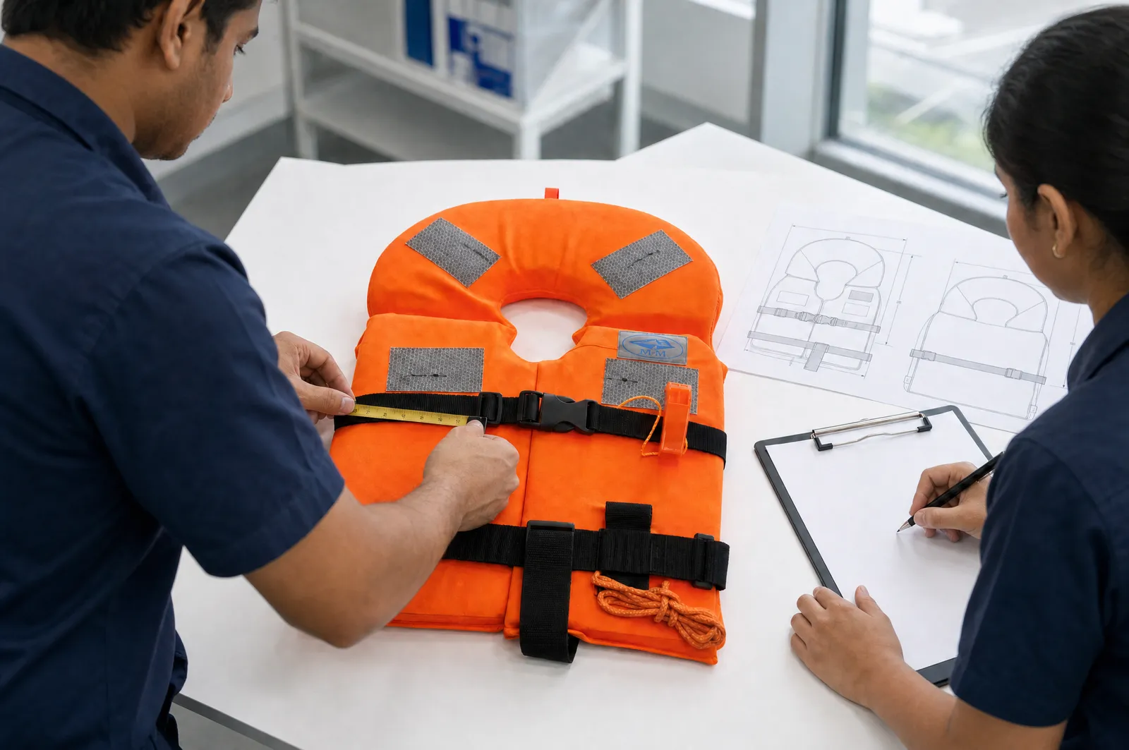 Illustration: two inspectors measuring the straps of an orange MM life jacket against technical drawings of the jacket